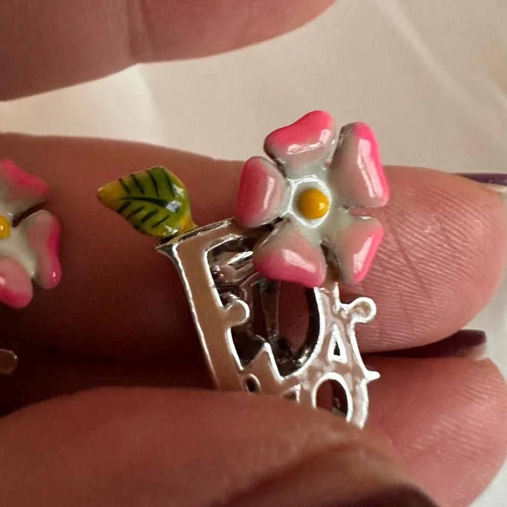 Christian Dior Pink Enamel Floral Logo Clip-On Earrings EUC - Picture 7 of 10